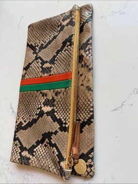 Clare V. Snakeskin Embossed Leather Foldover Clutch Orange / Green Color Stripe